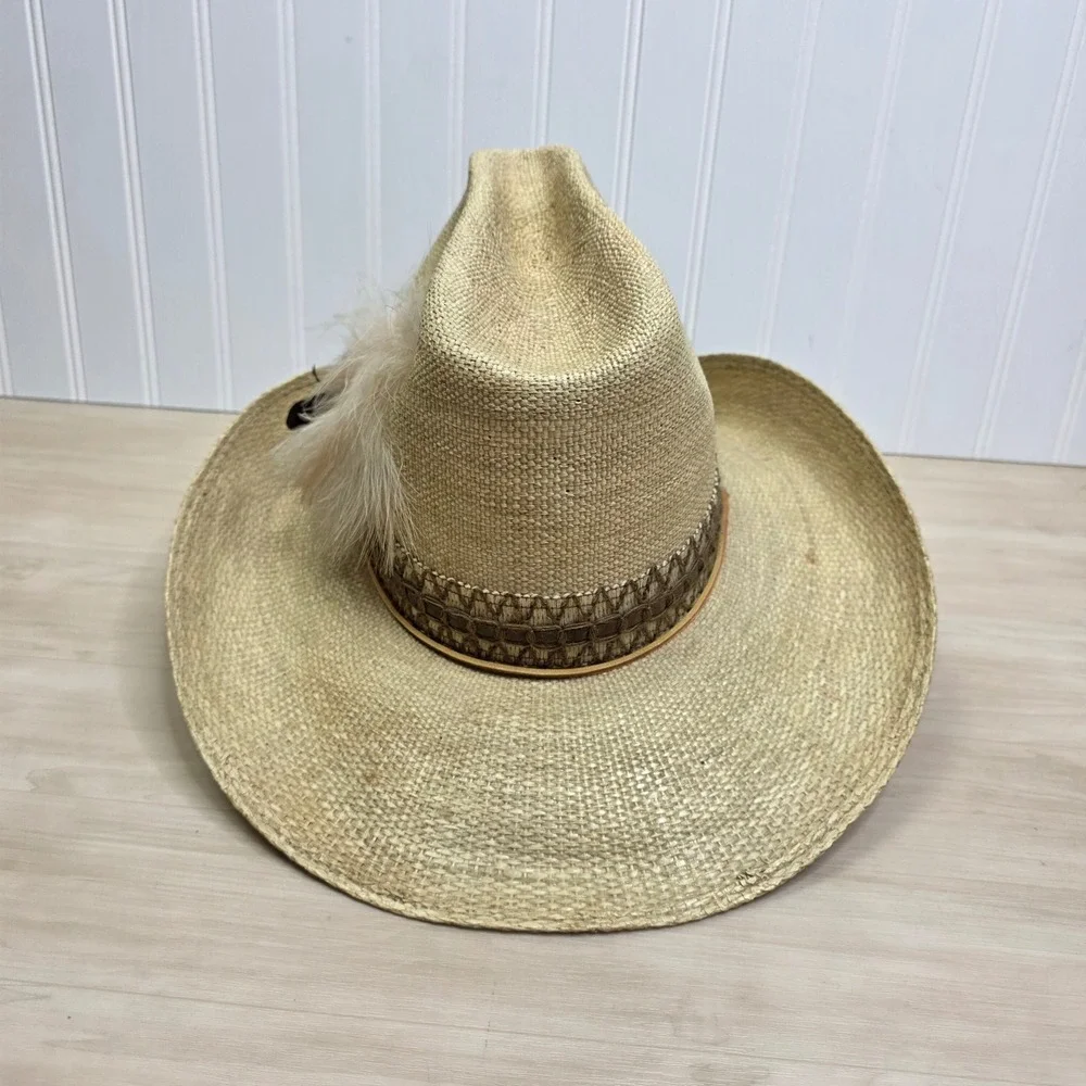 Stetson Roadrunner Straw Cowboy Hat Tan Bryantcote Finish Feather Mens Size 7